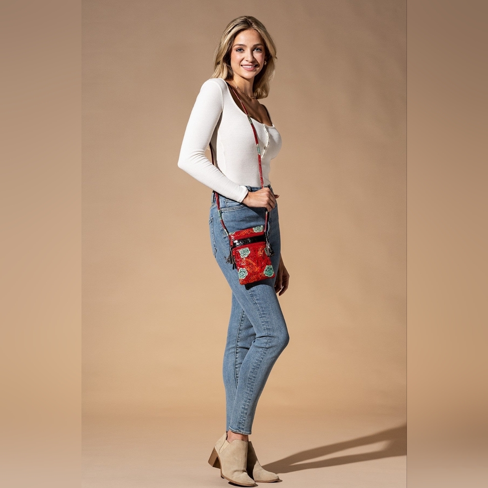 Cellphone Crossbody Bag Vibrant Artisan Hand-Painted & Embossed Genuine Leather - Picture 4 of 7